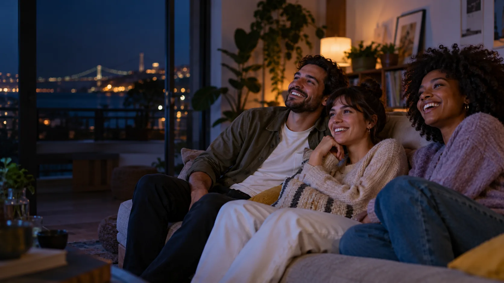 Amigos adultos assistindo juntos em casa