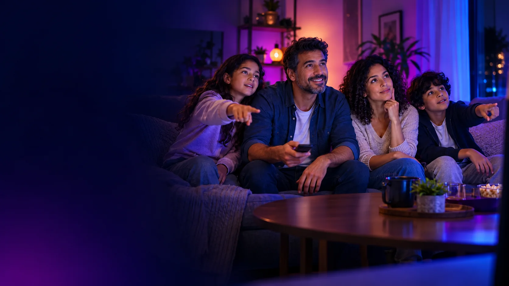 Família reunida em casa aproveitando um momento de entretenimento